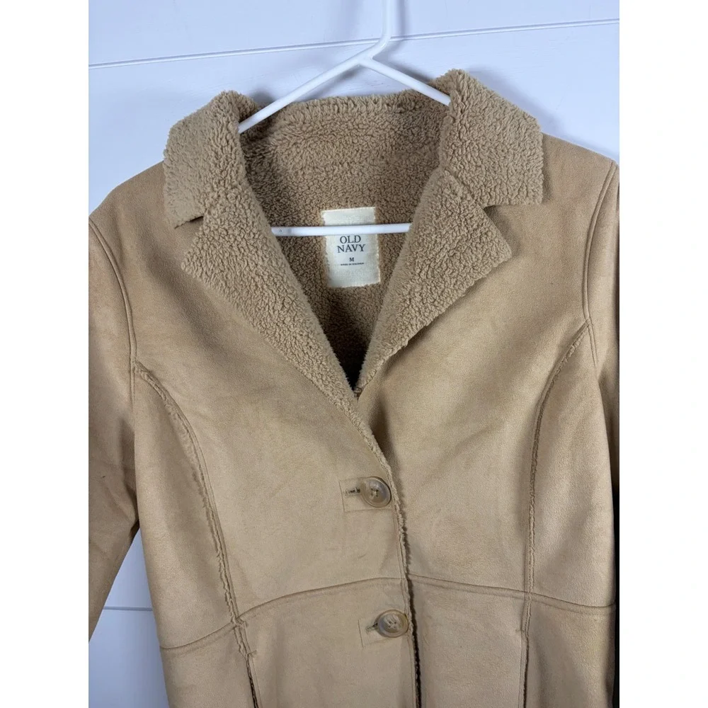 Vintage Y2K Old Navy Trench Coat Jacket Faux Suede Sherpa Lined Sz M Penny Lane - Picture 4 of 13